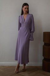 Solid V-Neck Lantern Sleeve Midi Dress